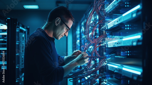 computer scientist works on a server rack in a server room photo