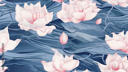  a group of pink flowers floating on top of a body of water next to a leafy green tree branch. generative ai