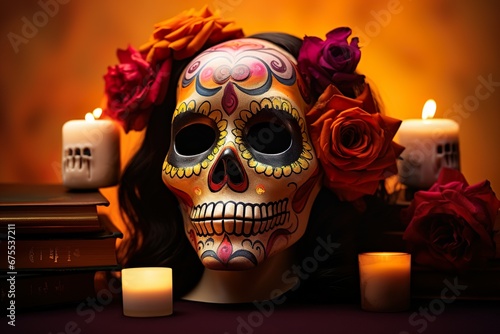 Day of the dead skull surrounded by candles and flowers mexican skull skeleton head dia de los muertos