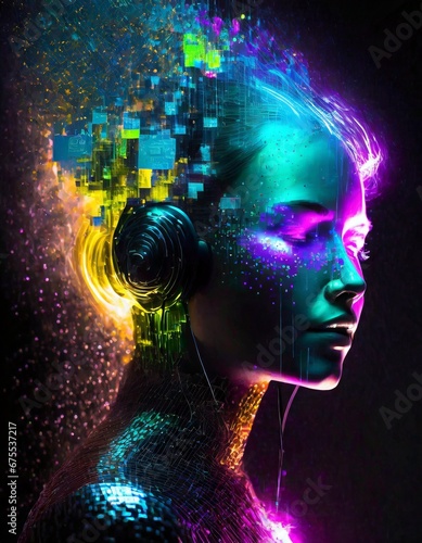 Futuristic female android head with neon light, clous up on the black background, great for technology, AI development, or sci-fi concepts photo
