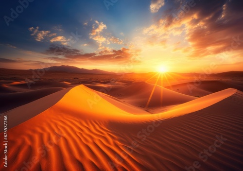  Desert Mirage  A Mesmerizing Sunset Over the Vast Desert Landscape.  Ai generated.
