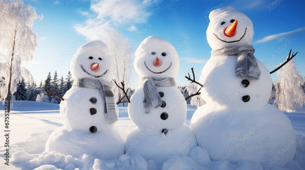 Winter, advent, happy snowmen in sunny winter landscape with snow Winter, advent, happy snowmen in sunny winter landscape with snow