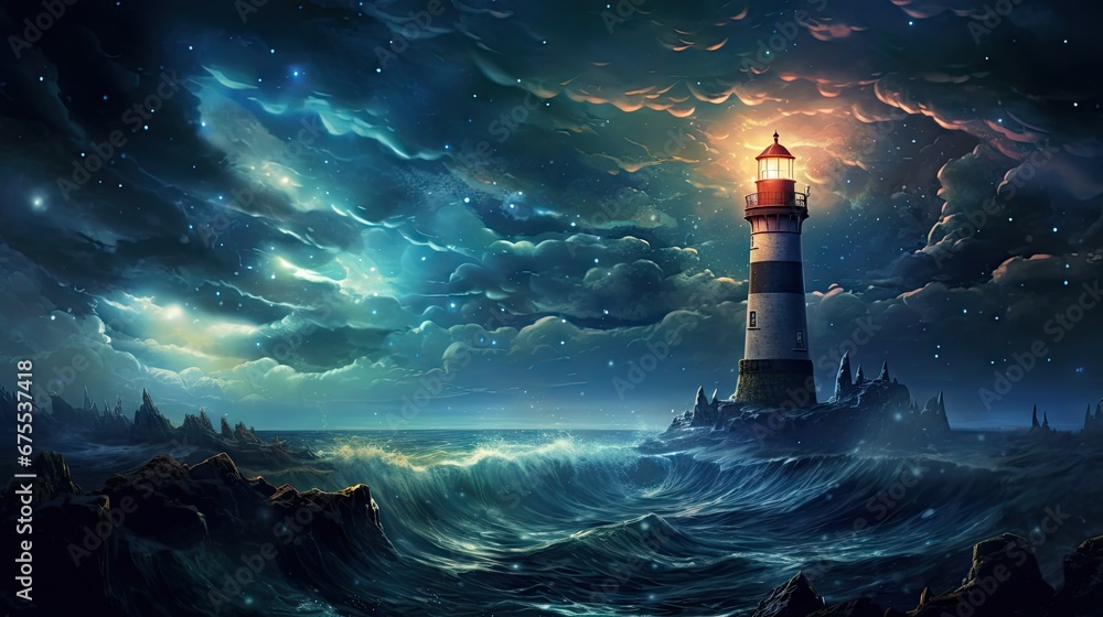 a painting of a lighthouse in the middle of a body of water with a sky full of clouds and stars. generative ai a painting of a lighthouse in the middle of a body of water with a sky full of clouds and stars. generative ai