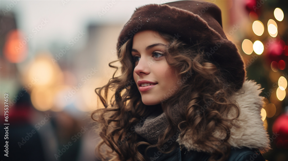 Fototapeta premium Generative AI, Beautiful young woman in the Christmas fair, blurred background, winter street market in Europe.