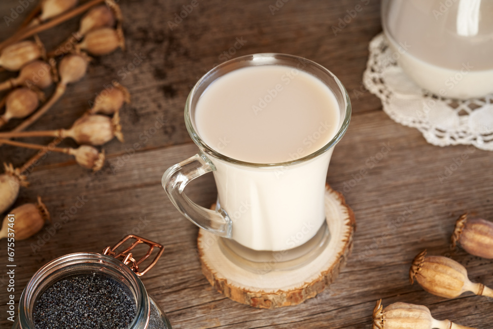 Vegan poppy seed milk in a glass Vegan poppy seed milk in a glass