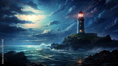  a painting of a lighthouse in the middle of a body of water with a full moon in the sky above it. generative ai