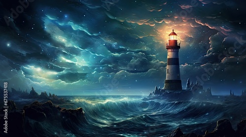  a painting of a lighthouse in the middle of a body of water with a sky full of clouds and stars. generative ai