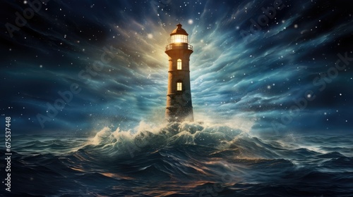 a painting of a lighthouse in the middle of a large body of water with a star filled sky behind it. generative ai