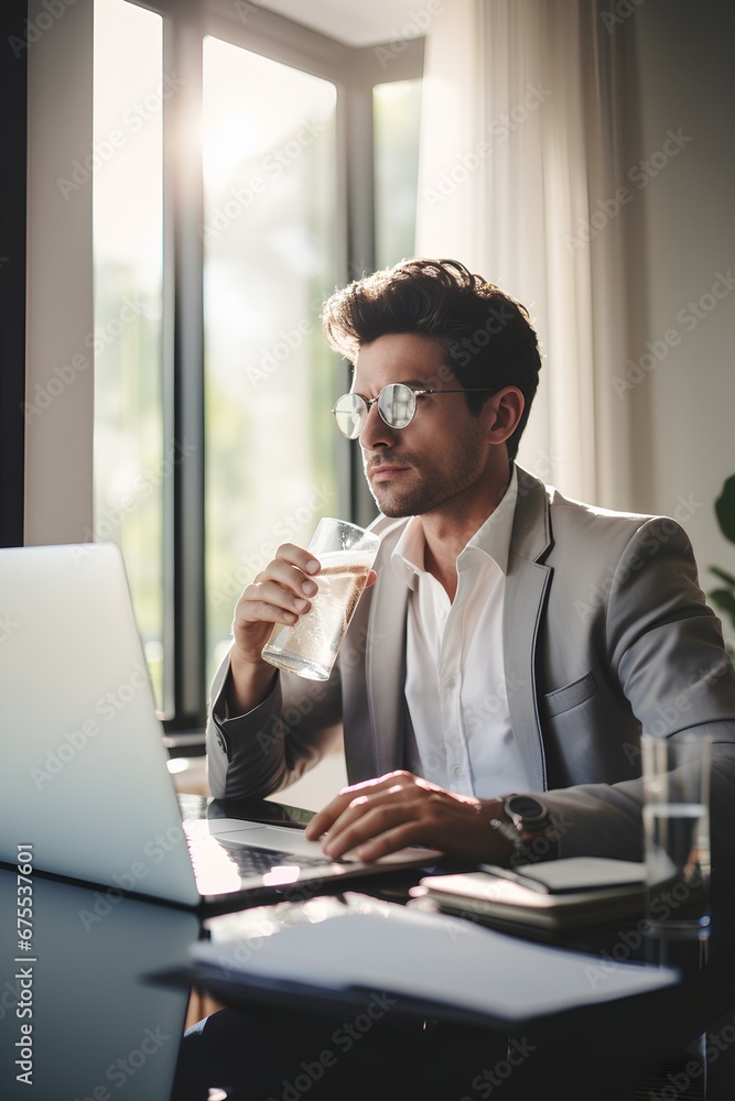 thirsty businessman drinking water while working over laptop on desk at home. efficient telecommuting concept. generative AI thirsty businessman drinking water while working over laptop on desk at home. efficient telecommuting concept. generative AI
