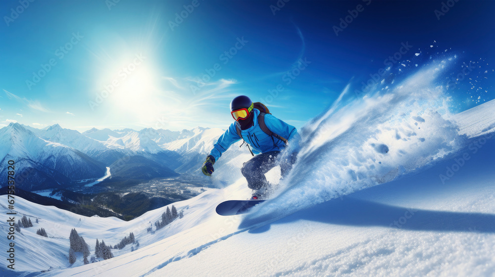Snowboarder in action in winter, snowboarding with speed on a snowy slope, dressed in blue, grey snowboarddress, blue sky with mountains in background