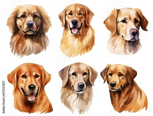 Cartoon dogs on white background. Watercolor arrangement