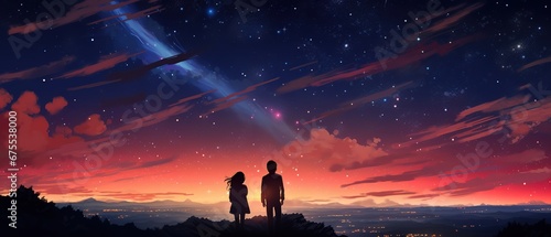 shooting stars in the night sky with anime style
