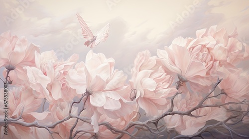  a painting of pink flowers with a white bird flying over them on a cloudy day with a pink sky in the background.  generative ai