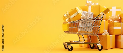 Shopping cart with gift boxes, isolated on yellow background photo