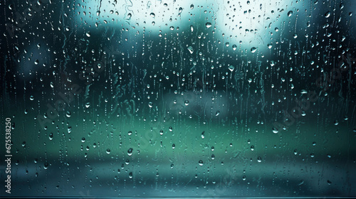 Closeup of window glass with single floating small water drops or rain defocused natural background