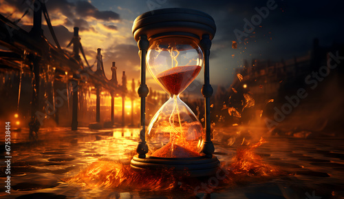 Hourglass on a sandy ground against a smoking factory backdrop, symbolizing the urgent fight against climate change. 