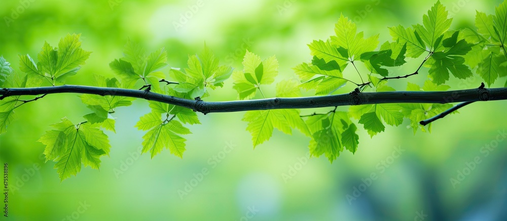 Obraz premium In the background of the forest lush green leaves adorn the young maple tree branches creating a fresh and vibrant scene in the spring season at the park