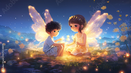 two boy and girl angel fairy sitting together in flower field at night time with firefly glitter glow around, anime illustration, Generative Ai