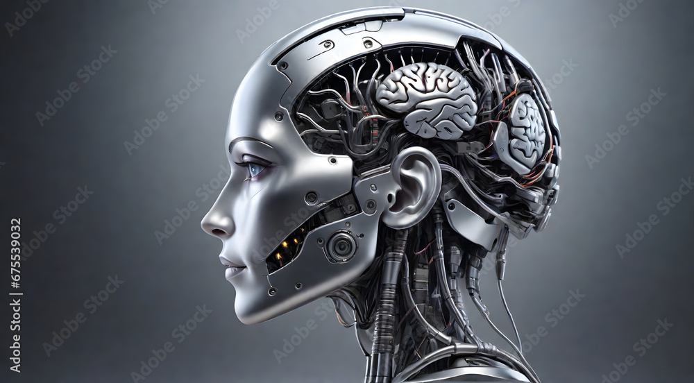 3D artificial AI generated cyborg female head with silver brain 3D artificial AI generated cyborg female head with silver brain