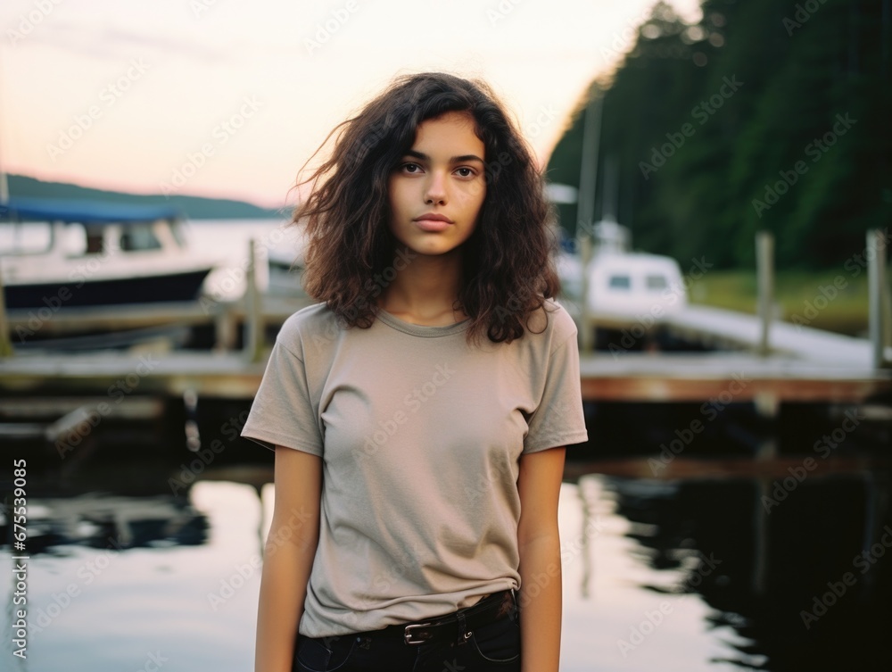 A young woman standing on a dock near a body of water. Generative AI. A young woman standing on a dock near a body of water. Generative AI.