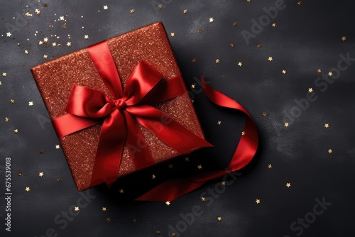 red gift box with silk ribbon ribbon for holiday on dark background, Generative AI