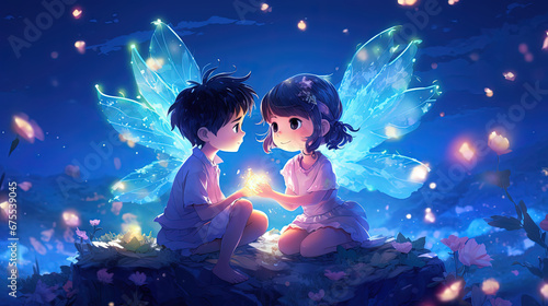 two boy and girl angel fairy sitting together in flower field at night time with firefly glitter glow around, anime illustration, Generative Ai