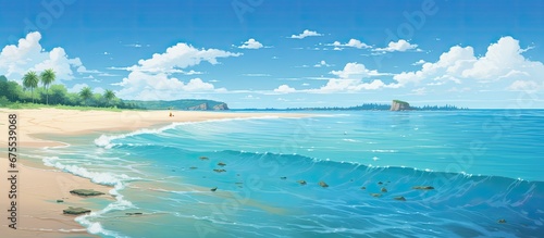 The vintage illustration captures the serene beauty of a summer beach with its vibrant blue sky crystal clear waters and golden sand stretching towards the old world charm of the nature fil