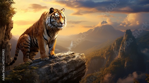 A South China tiger perched high on a cliff, surveying the vast expanse of a mountainous landscape.
