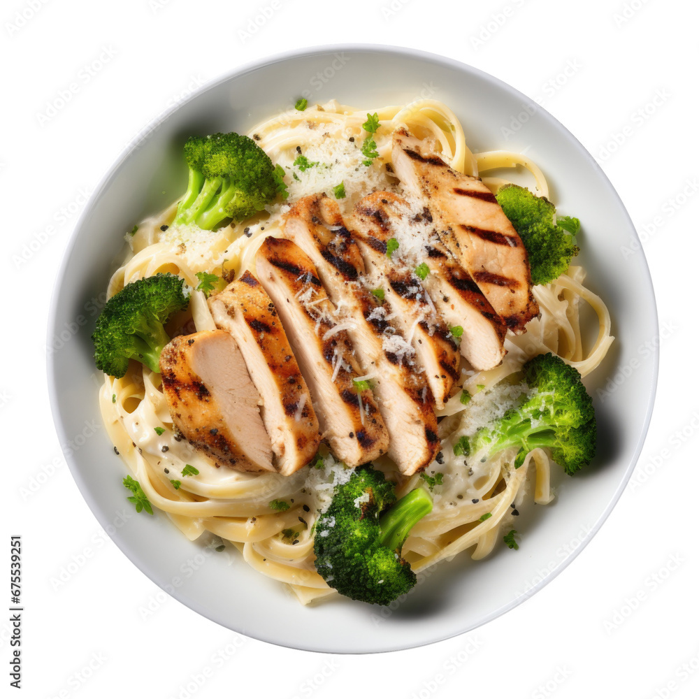 Chicken and Broccoli with Fettuccine Noodles Isolated on a Transparent Background Chicken and Broccoli with Fettuccine Noodles Isolated on a Transparent Background