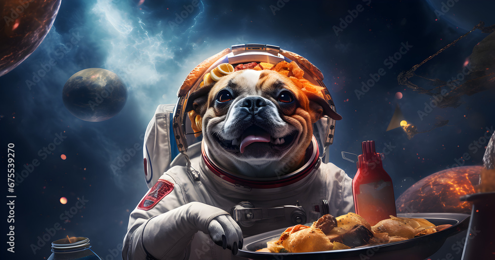 A funny astronaut dog grilling in a galactic setting, surrounded by stars and planets.