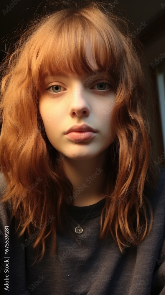 A woman with red hair and bangs looks at the camera. Generative AI. A woman with red hair and bangs looks at the camera. Generative AI.
