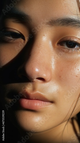 A close up of a woman with a sunburn. Generative AI.
