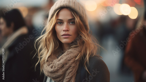 Generative AI, Beautiful young woman in the Christmas fair, blurred background, winter street market in Europe.