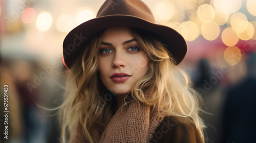 Generative AI, Beautiful young woman in the Christmas fair, blurred background, winter street market in Europe. © DELstudio
