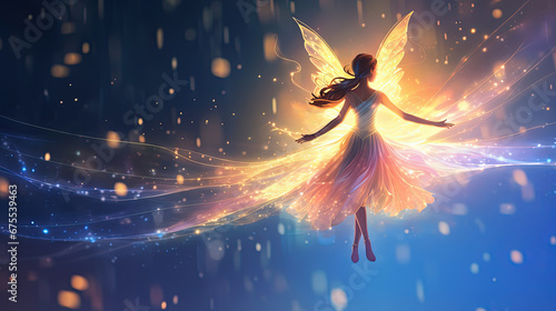 fairy with wings and glitter glow light magic dream background, Generative Ai