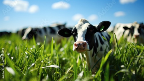A cow is standing in a field of green grass. Generative AI.