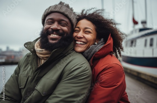 A happy couple smiling and posing for a photo in front of a boat. Generative AI.