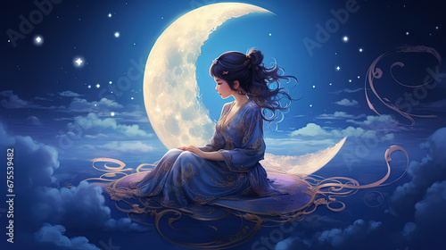 Foto a woman sitting before crescent moon and cloud at night time, Celestial heaven a