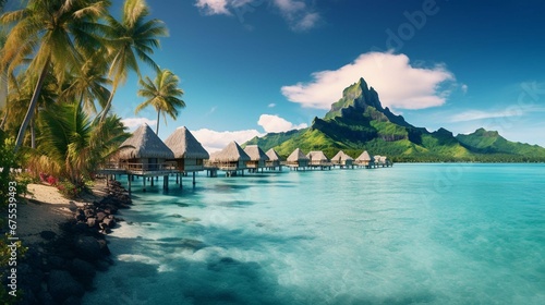 A peaceful and tranquil lagoon in Bora Bora, French Polynesia, with crystal-clear waters and overwater bungalows dotting the shoreline. create using a generative ai tool 
