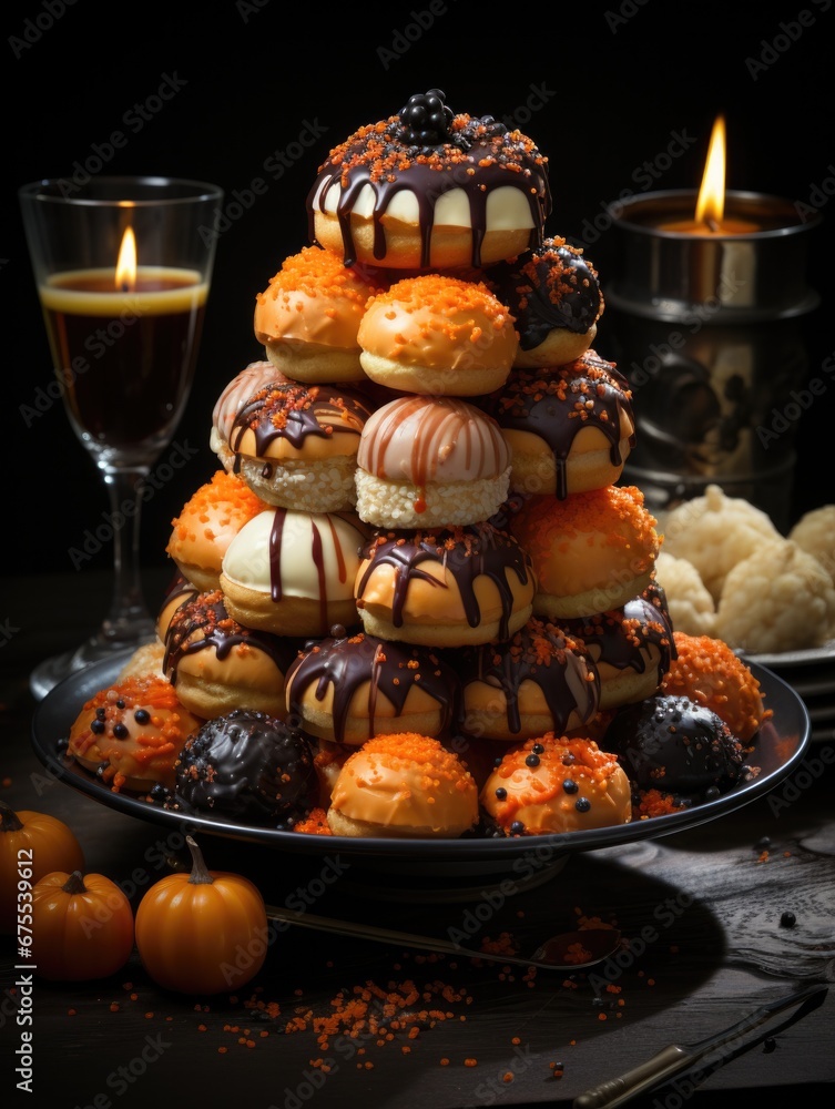 A large plate of donuts with a candle and a glass of wine. Generative AI. A large plate of donuts with a candle and a glass of wine. Generative AI.
