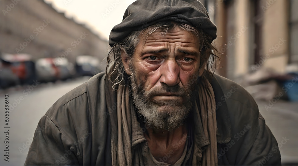 Portrait of sad homeless in the street Portrait of sad homeless in the street