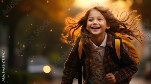 happy little girl on her way to school. create using a generative ai tool 