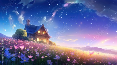 Wallpaper Mural small house on flower field hill with starry dawn sky, Generative Ai Torontodigital.ca