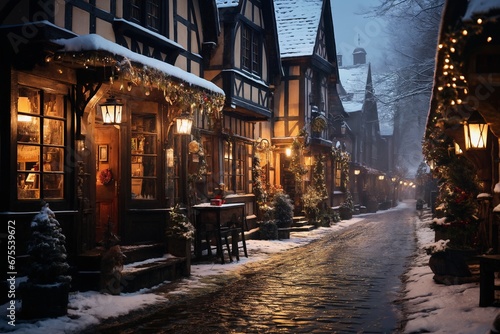city street in winter, exteriors of houses decorated for Christmas or New Year's holiday, snow, street lights, festive environment