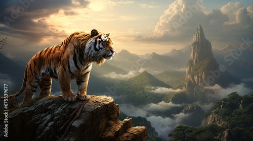 A South China tiger surveying its territory on a rocky plateau in China, the rugged landscape stretching into the distance. photo