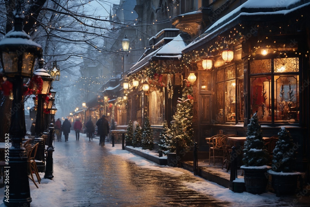 city street in winter, exteriors of houses decorated for Christmas or New Year's holiday, wet, street lights, festive environment