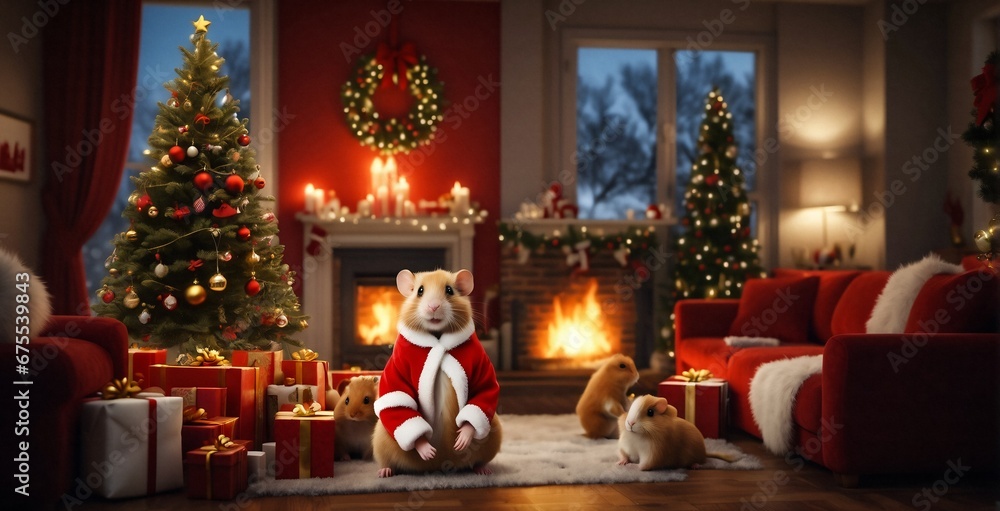 A family of funny cute hamsters dressed up in Christmas sweaters and a red hat pose on a Christmas background with gifts and a Christmas tree. Concept. Digital painting illustration. Generative AI