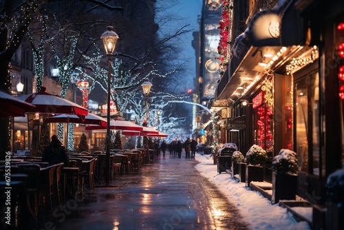 city street in winter, exteriors of houses decorated for Christmas or New Year's holiday, wet, street lights, festive environment