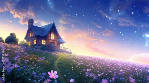 small house on flower field hill with starry dawn sky, Generative Ai photo