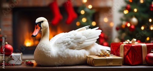 Fototapeta Naklejka Na Ścianę i Meble -  A beautiful white swan poses on a red Christmas background accompanied by Christmas decorations and presents. Christmas tree in the background. Digital painting illustration. Generative AI
